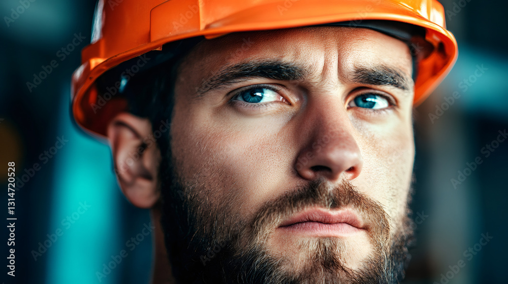 Close-up portrait of a serious builder wearing an orange safety helmet in an industrial environment Close-up portrait of a serious builder wearing an orange safety helmet in an industrial environment