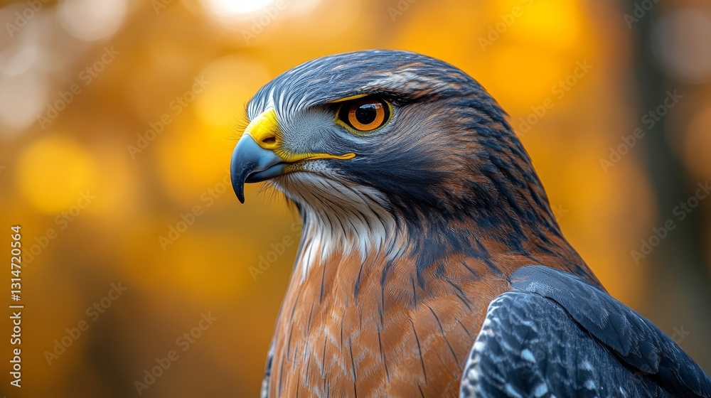 Close-up of a beautiful hawk with intense eyes and a sharp beak. Hawk with blue feathers on a blurred background among the trees. Close-up of a beautiful hawk with intense eyes and a sharp beak. Hawk with blue feathers on a blurred background among the trees.
