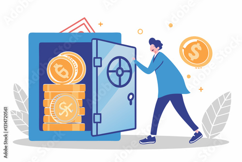 Alternative financial assets, crypto currency bitcoin, cash and gold for investment retirement plan concept, businessman investor standing with security safe with full of cash, gold and bitcoin inside