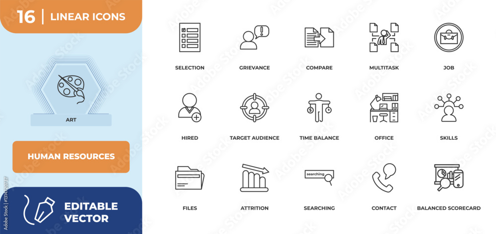 outline icons set - human resources concept. art, selection and more. outline icons set - human resources concept. art, selection and more.