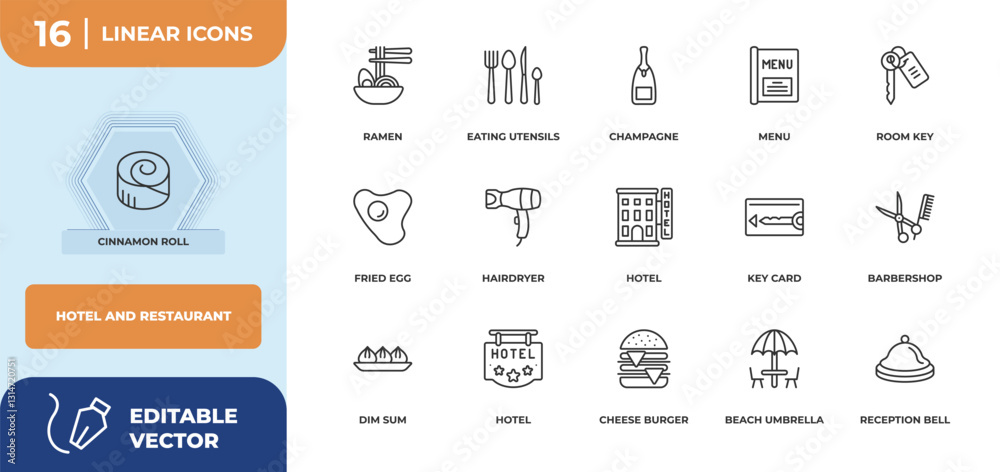 outline icons set - hotel and restaurant concept. cinnamon roll, ramen and more.