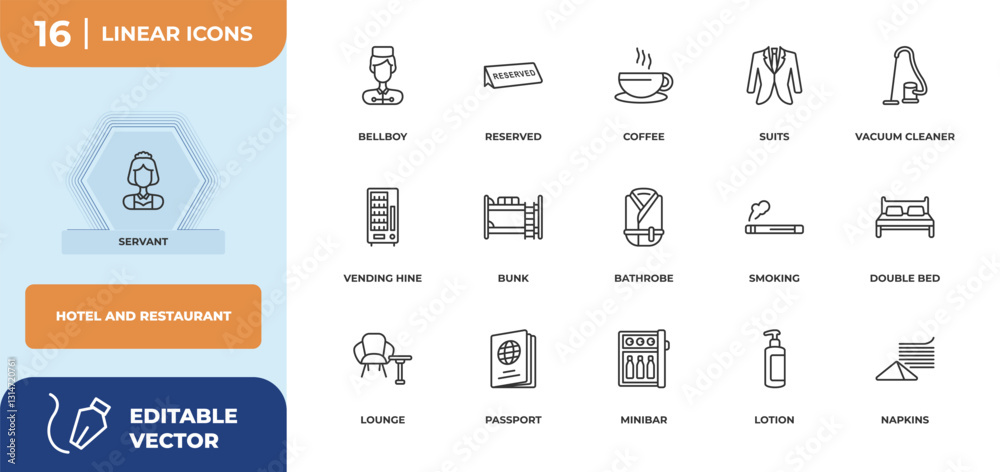 outline icons set - hotel and restaurant concept. servant, bellboy and more. outline icons set - hotel and restaurant concept. servant, bellboy and more.