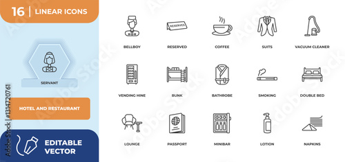 outline icons set - hotel and restaurant concept. servant, bellboy and more.