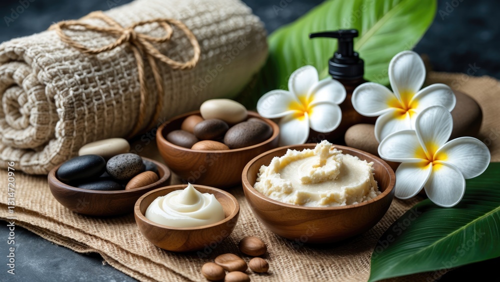 Shea butter, nuts, and bathing products displayed on a table. Shea butter, nuts, and bathing products displayed on a table.