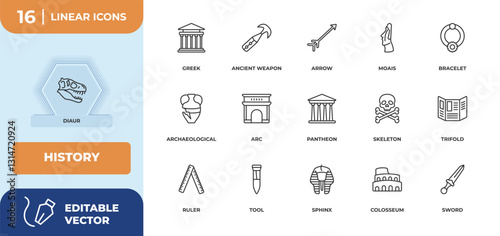 outline icons set - history concept. diaur, greek and more.