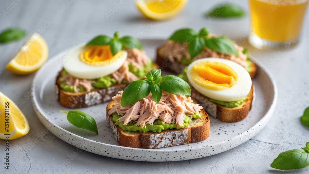 Sandwiches featuring canned tuna, boiled egg, and avocado. Food recipe backdrop. Close up.