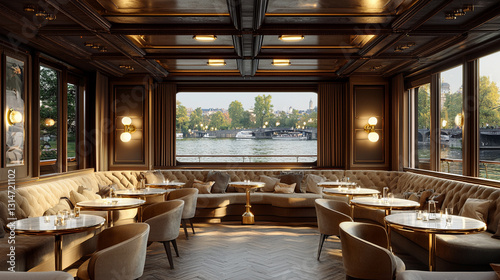 Luxurious riverboat restaurant interior with city view.
