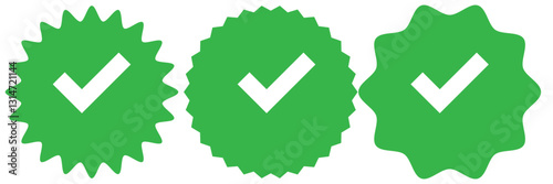 Green tick icons collection. Flat round check mark green icon, button. Tick symbol isolated on white background. Vector illustration