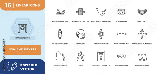 outline icons set - gym and fitness concept. bar exercising, press simulator and more.