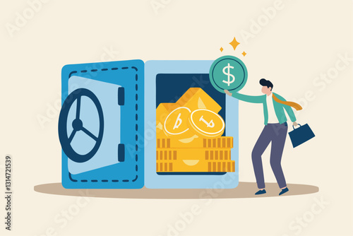 Alternative financial assets, crypto currency bitcoin, cash and gold for investment retirement plan concept, businessman investor standing with security safe with full of cash, gold and bitcoin inside