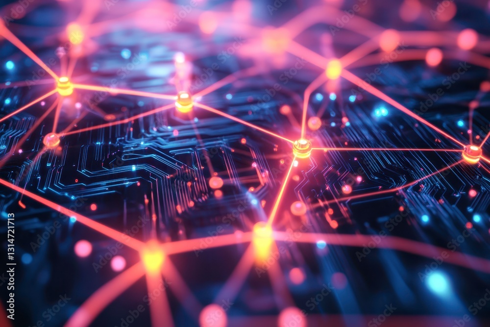 Technological advancement displayed, computer circuit board, connected nodes and glowing lines illustrating future electronic connectivity for science and innovation Technological advancement displayed, computer circuit board, connected nodes and glowing lines illustrating future electronic connectivity for science and innovation