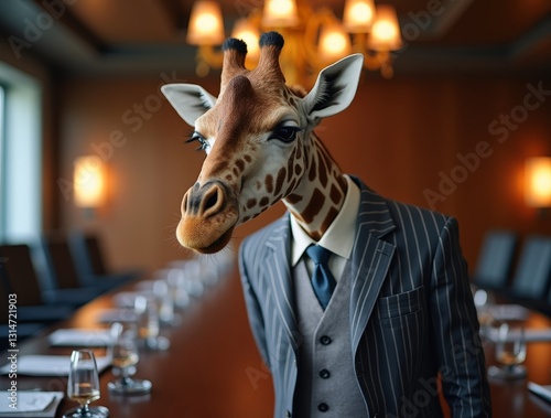 Giraffe businessman wearing pinstripe suit standing in boardroom