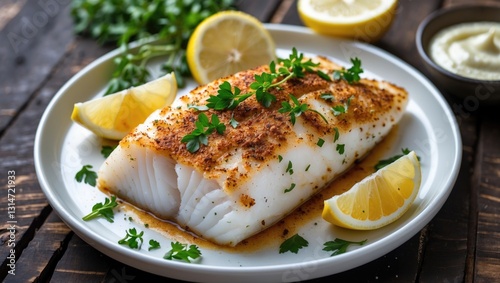 Baked cod fillet seasoned with cajun spices and accompanied by a lemon wedge.