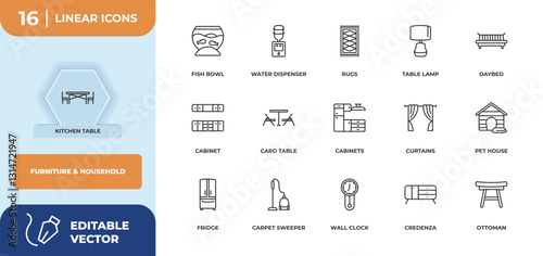 outline icons set - furniture & household concept. kitchen table, fish bowl and more.