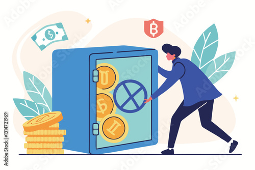 Alternative financial assets, crypto currency bitcoin, cash and gold for investment retirement plan concept, businessman investor standing with security safe with full of cash, gold and bitcoin inside