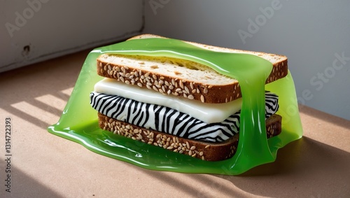 Sandwich in harmful wrap with zebra filling placed on a surface by a wall in a well-lit studio