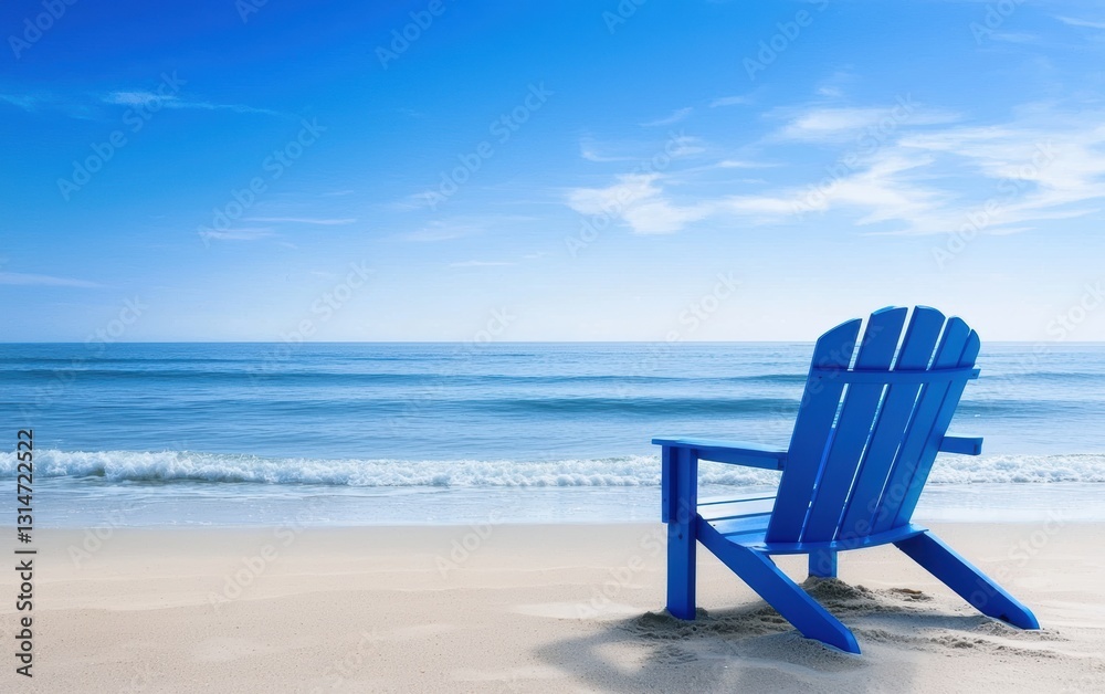 Blue beach chair planted firmly in warm sand, waves rolling in under a clear summer sky, cool and calm in a coastal color scene Blue beach chair planted firmly in warm sand, waves rolling in under a clear summer sky, cool and calm in a coastal color scene