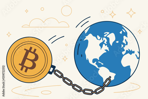 Cryptocurrency sustainability problem, bitcoin and crypto currency mining energy consumption not environment friendly concept, Big bitcoin with electric plug sucking energy from planet earth.