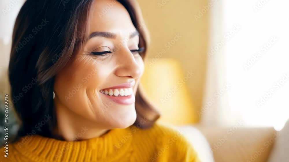 Woman with radiant smile in warm yellow sweater, illuminated by soft natural light. Her joyful expression and genuine happiness create an uplifting, positive atmosphere perfect for lifestyle content. Woman with radiant smile in warm yellow sweater, illuminated by soft natural light. Her joyful expression and genuine happiness create an uplifting, positive atmosphere perfect for lifestyle content.