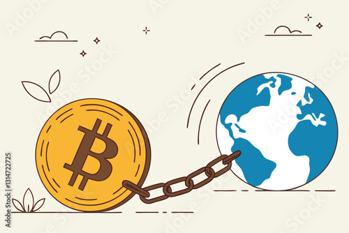 Cryptocurrency sustainability problem, bitcoin and crypto currency mining energy consumption not environment friendly concept, Big bitcoin with electric plug sucking energy from planet earth.
