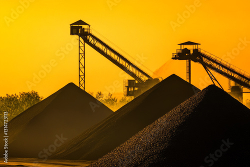 Industrial coal conveyors operate as golden sunlight casts silhouettes over towering mounds of coal at a mining site during sunset photo