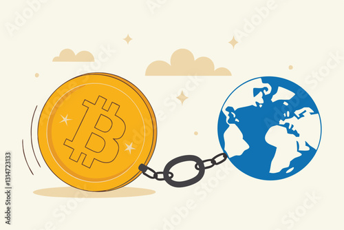 Cryptocurrency sustainability problem, bitcoin and crypto currency mining energy consumption not environment friendly concept, Big bitcoin with electric plug sucking energy from planet earth.