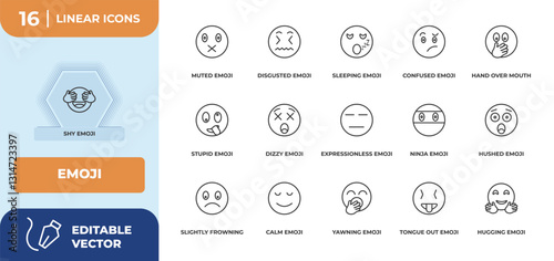 outline icons set - emoji concept. shy emoji, muted emoji and more.