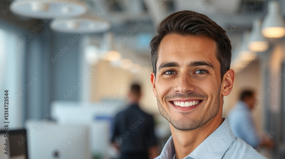 Obraz premium potrait male employee smiling with blurred background of workspace 