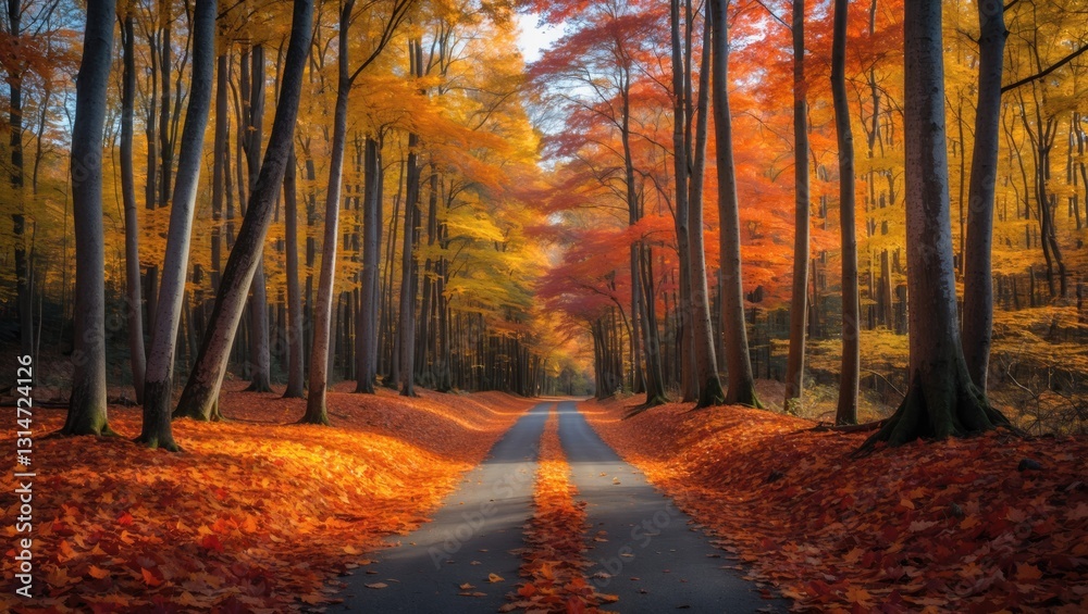 Obraz premium Autumn road through a forest with a background of leaves.