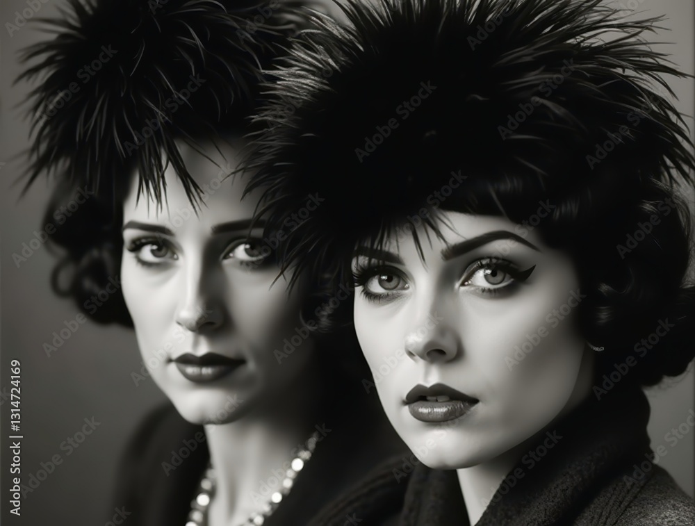 Fototapeta premium Two flapper women posing with feather headdresses in 1920s style portrait