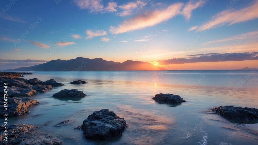 Twilight time at sunset with a blue sky over the ocean sea beach and mountains, an idea for backpackers guiding camping during a long weekend. Twilight time at sunset with a blue sky over the ocean sea beach and mountains, an idea for backpackers guiding camping during a long weekend.