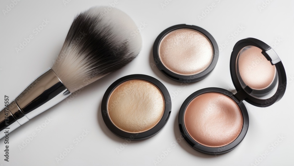 Set of highlighters and a cosmetic brush isolated on a white background.