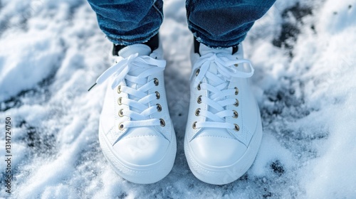 A pair of snow-white sneakers, taken from above .
