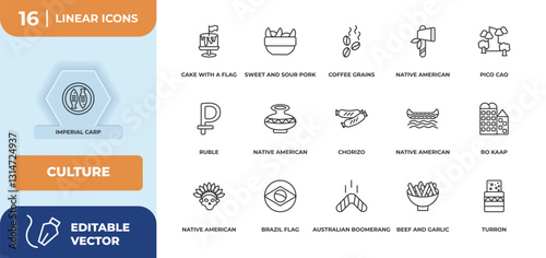outline icons set - culture concept. imperial carp, cake with a flag and more.