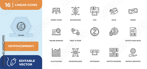 outline icons set - cryptocurrency concept. pound, money flow and more.