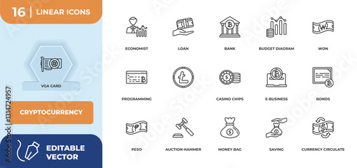 outline icons set - cryptocurrency concept. vga card, economist and more.