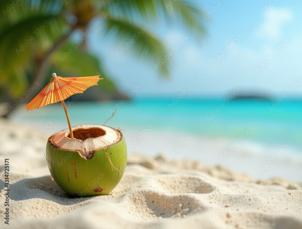 Green coconut with small umbrella resting on tropical beach sand Green coconut with small umbrella resting on tropical beach sand
