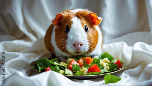 American teddy breed guinea pig on a white fabric backdrop enjoying salad.