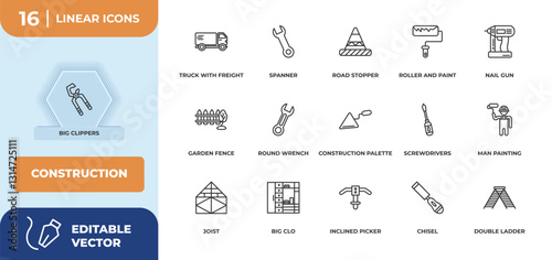 outline icons set - construction concept. big clippers, truck with freight and more.