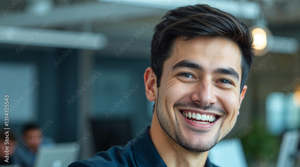 Obraz premium potrait male employee smiling with blurred background of workspace 