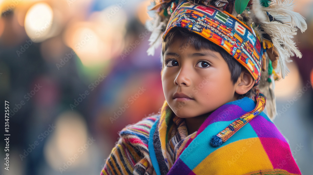 Fototapeta premium A photo of a young Quechua boy wearing a traditional poncho and headdress, watching the Inti Raymi Festival with admiration