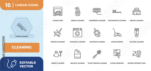 outline icons set - cleaning concept. comb cleanin, clean cars and more.