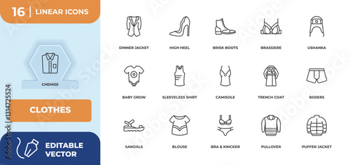 outline icons set - clothes concept. chemise, dinner jacket and more.