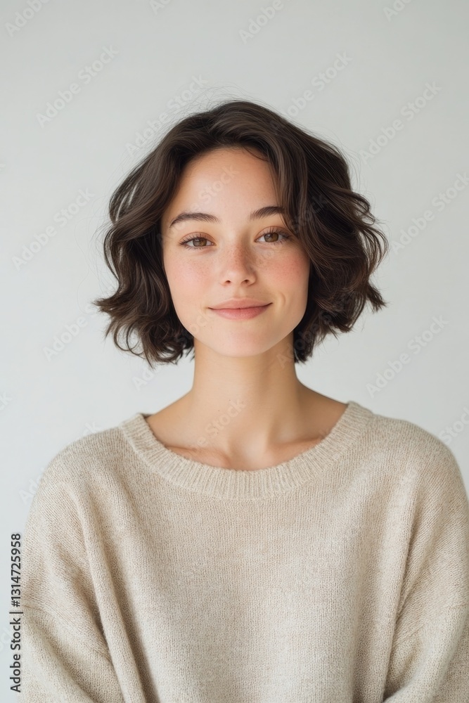 Warm portrait showcasing woman with soft curls, gentle smile, na Warm portrait showcasing woman with soft curls, gentle smile, na