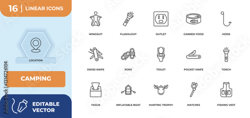 outline icons set - camping concept. location, wingsuit and more.