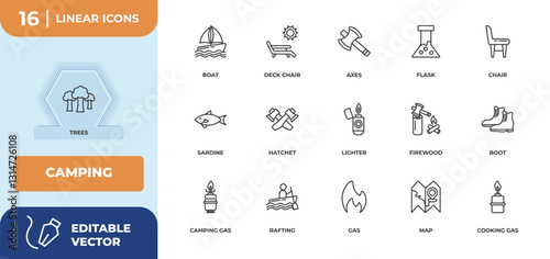 outline icons set - camping concept. trees, boat and more.