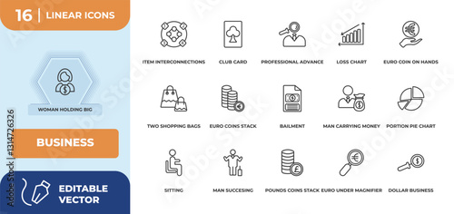 outline icons set - business concept. woman holding big coin, item interconnections and more.