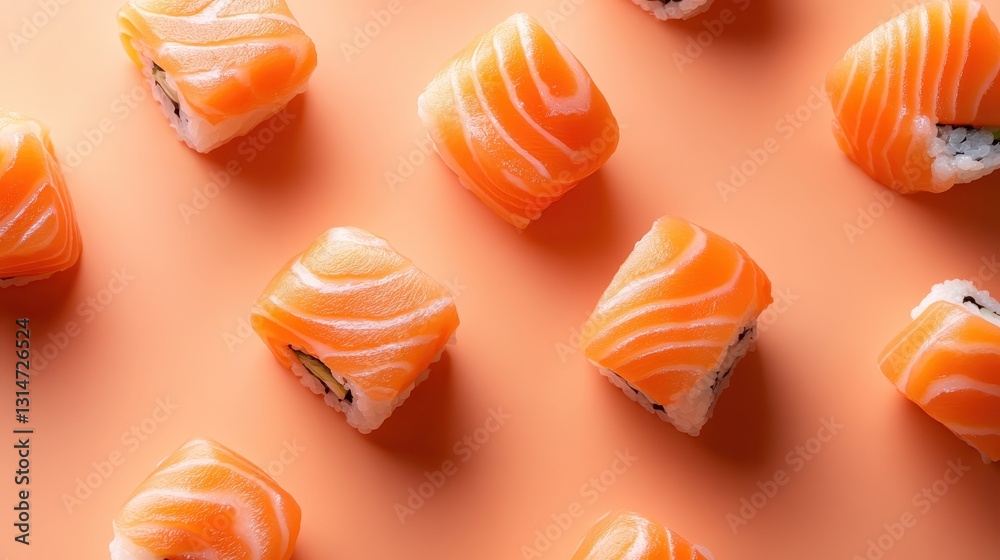 A mouth-watering display of vibrant salmon sushi pieces appeals to sushi lovers, depicting a fusion of flavors and craftsmanship artistry in a warm color palette. A mouth-watering display of vibrant salmon sushi pieces appeals to sushi lovers, depicting a fusion of flavors and craftsmanship artistry in a warm color palette.