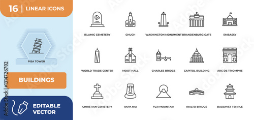 outline icons set - buildings concept. pisa tower, islamic cemetery and more.