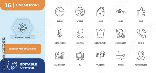 outline icons set - blogger and influencer concept. social network, clock and more.